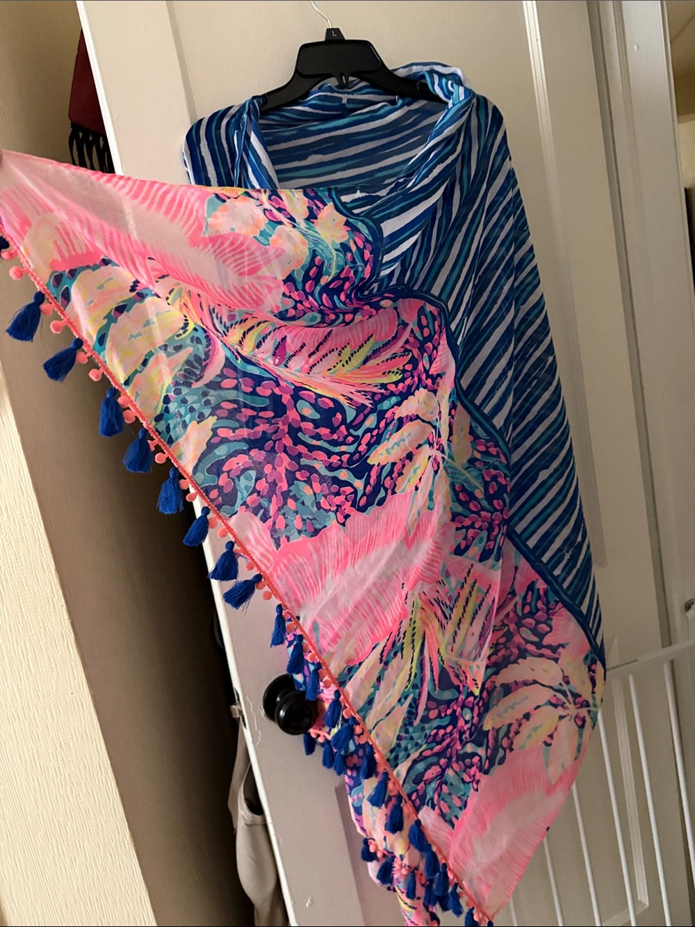 Lilly Pulitzer Blue and Pink Striped & Floral Fringed Wrap Scarf - Picture 5 of 6